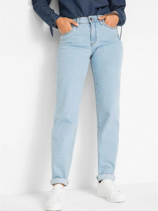 Zdjęcie produktu Dżinsy ze stretchem Mom, mid waist, long BonPrix niebieski