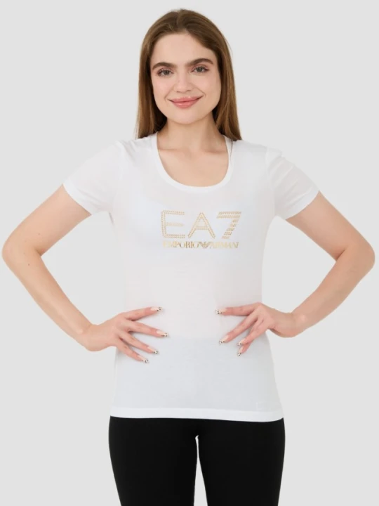 Zdjęcie produktu EA7 Biały damski t-shirt z cyrkoniami, Rozmiar S