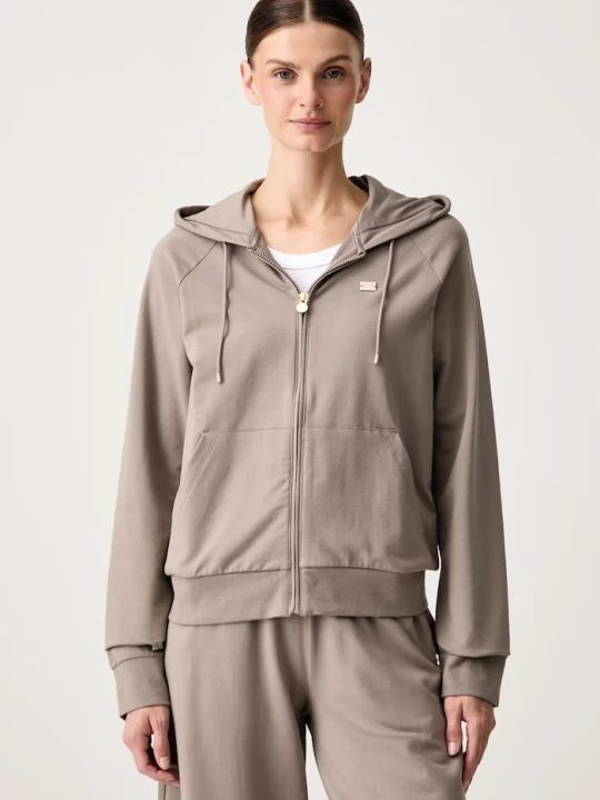 Zdjęcie produktu EA7 Emporio Armani bluza rozpinana z kapturem damska z bawełną beżowy