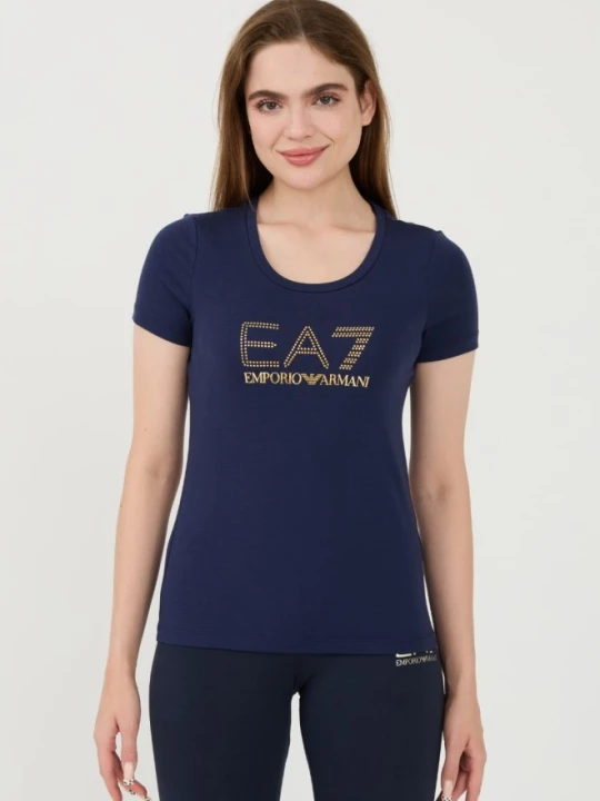 Zdjęcie produktu EA7 Granatowy damski t-shirt z cyrkoniami, Rozmiar XS Niebieski