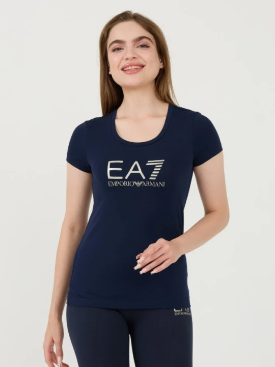 Zdjęcie produktu EA7 Granatowy damski t-shirt ze srebrnym logo, Rozmiar M Niebieski