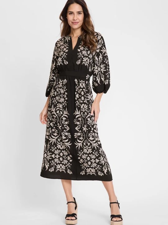 Zdjęcie produktu ECOVERO™ Czarna wiskozowa sukienka z roślinnym wzorem – Designer Choice Olsen
