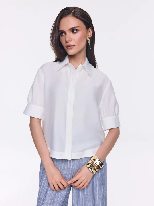 Zdjęcie produktu Elegancka biała koszula z krótkim rękawem z dodatkiem wełny Taranko