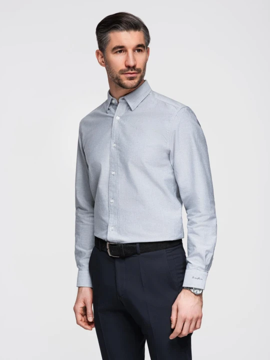Zdjęcie produktu Elegancka koszula męska oxford z haftem – jasnoszara V2 - Rozmiar: L Ombre Clothing szary