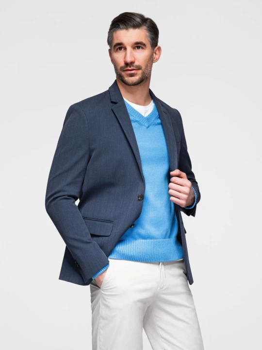 Zdjęcie produktu Elegancka marynarka męska SLIM FIT z rayonem – ciemnoniebieska V3 - Rozmiar: XL Ombre Clothing ciemnoniebieski