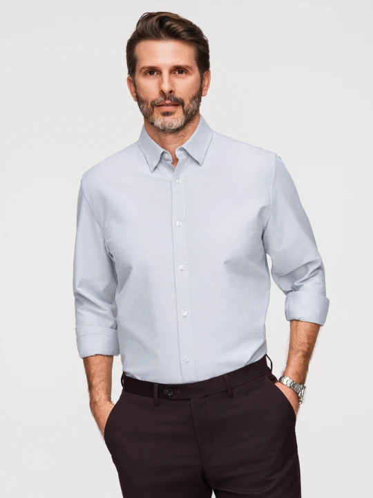 Zdjęcie produktu Elegancka męska koszula oxford z haftem – błękitna V1 - Rozmiar: M Ombre Clothing błękitny