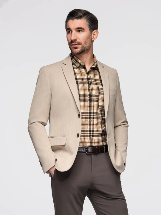 Zdjęcie produktu Elegancka męska marynarka SLIM FIT z rayonem – beżowa V2 - Rozmiar: XL Ombre Clothing