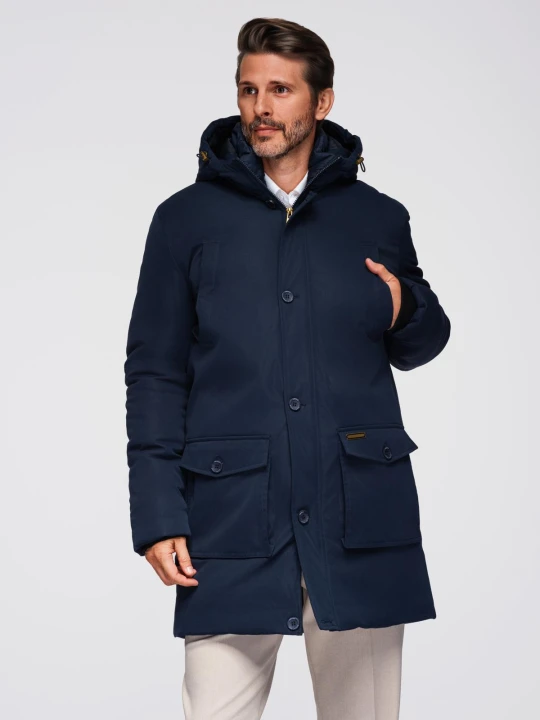 Zdjęcie produktu Elegancka męska parka z kieszeniami cargo i kapturem – granatowa V2 - Rozmiar: S Ombre Clothing