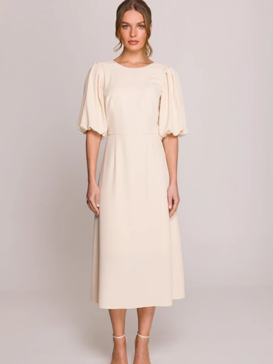 Zdjęcie produktu Elegancka sukienka koktajlowa z bufiastymi rękawami kremowa Stylove