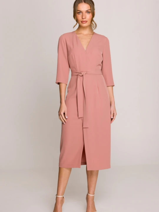 Zdjęcie produktu Elegancka sukienka midi z dekoltem V i rozcięciem różana Stylove