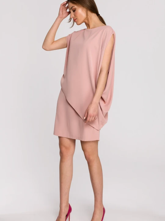 Zdjęcie produktu Elegancka sukienka z asymetryczną falbaną drapowana różowa Stylove