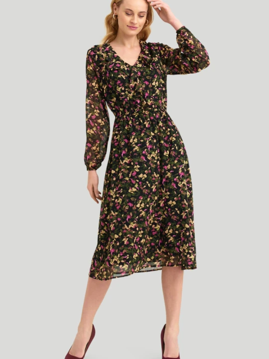 Zdjęcie produktu Elegancka sukienka z dekoltem v, nadruk w kwiaty Greenpoint