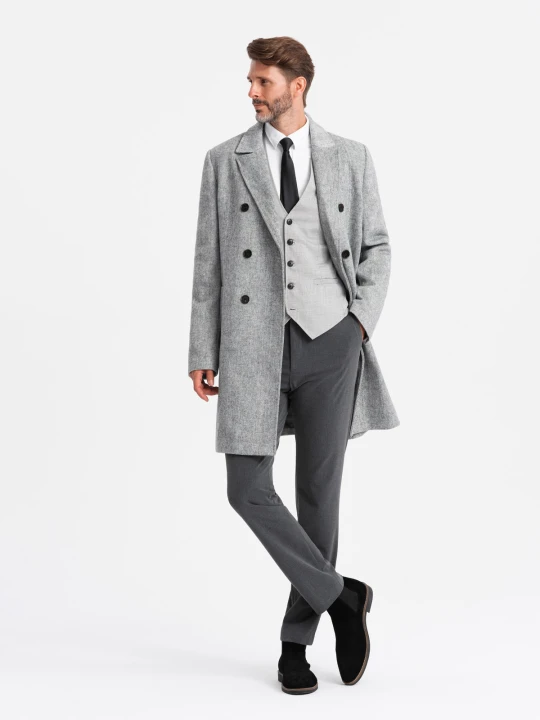 Zdjęcie produktu Elegancki dwurzędowy męski płaszcz w jodełkę – szary V1 - Rozmiar: L Ombre Clothing