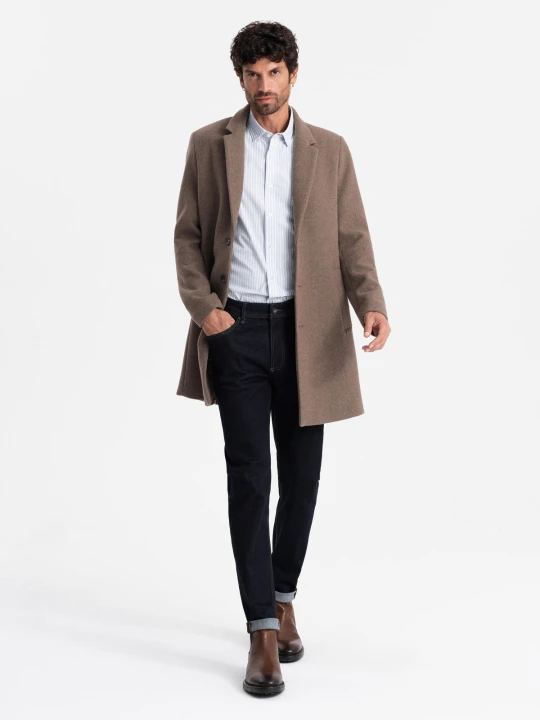 Zdjęcie produktu Elegancki jednorzędowy męski płaszcz z wełną – brązowy V1 - Rozmiar: XXL Ombre Clothing