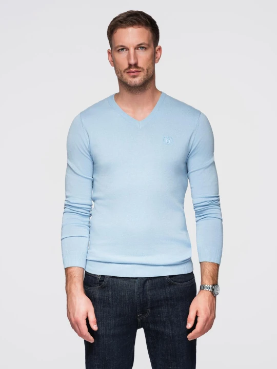 Zdjęcie produktu Elegancki męski sweter V-neck BASIC z wiskozą –jasnoniebieski V10 - Rozmiar: S Ombre Clothing