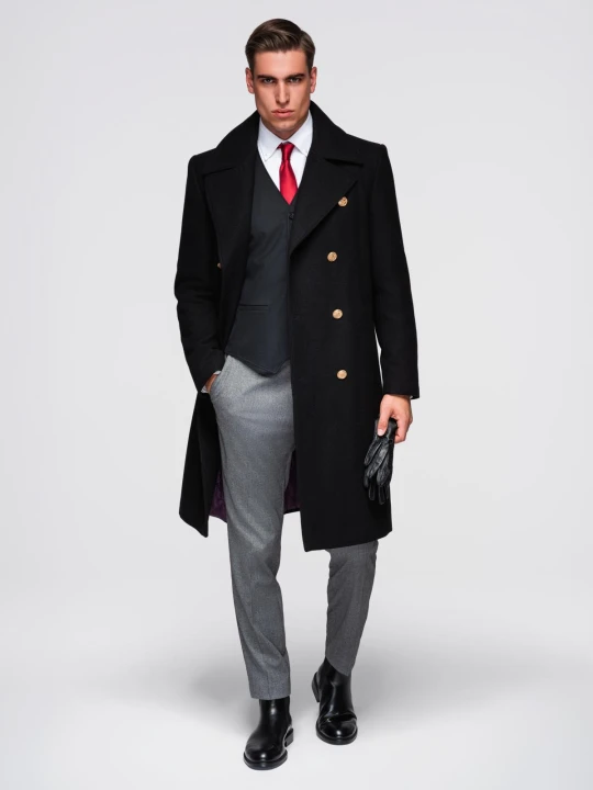 Zdjęcie produktu Elegancki militarny dwurzędowy płaszcz męski z wełną - czarny V1 - Rozmiar: XL Ombre Clothing