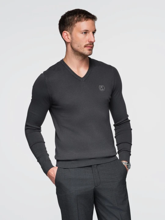 Zdjęcie produktu Elegancki sweter męski BASIC V-neck z wiskozą - grafitowy V17 - Rozmiar: M Ombre Clothing