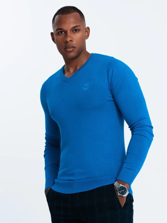 Zdjęcie produktu Elegancki sweter męski BASIC V-neck z wiskozą – niebieski V19 OM - Rozmiar: XXL Ombre Clothing