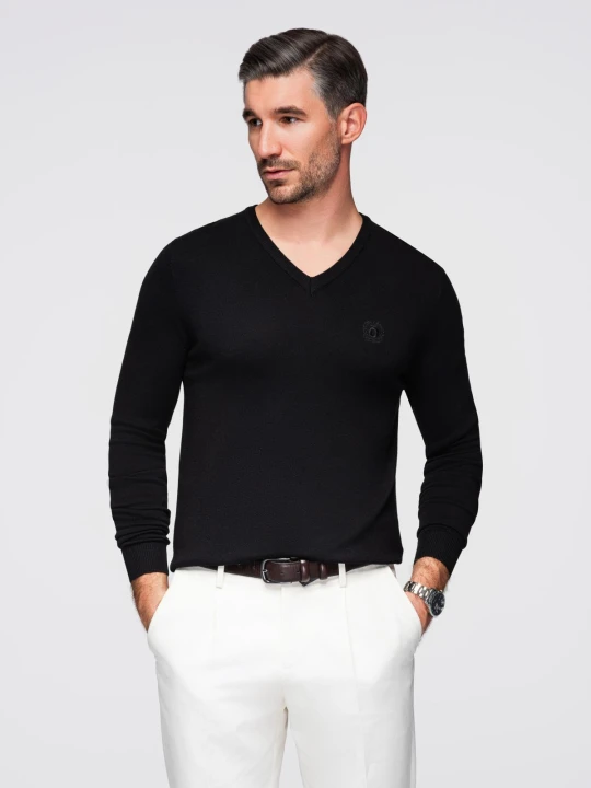 Zdjęcie produktu Elegancki sweter męski V-neck BASIC z wiskozą – czarny V1 - Rozmiar: L Ombre Clothing