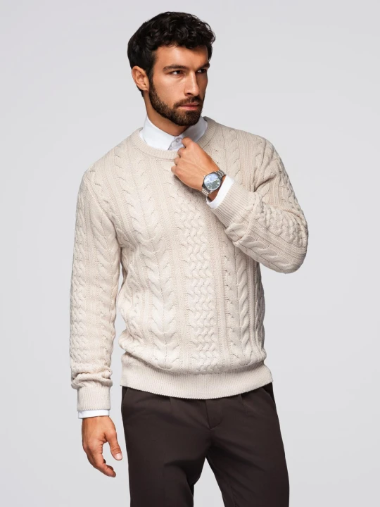 Zdjęcie produktu Elegancki sweter męski z ciekawym splotem – ecru V1 - Rozmiar: XL Ombre Clothing