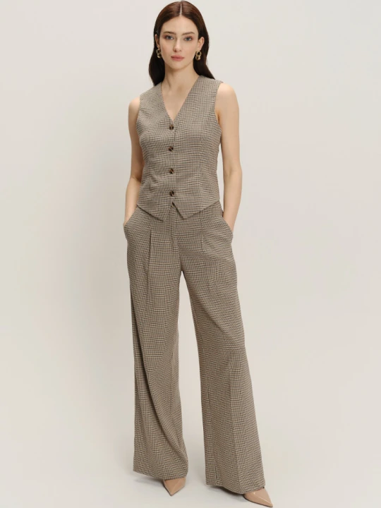 Zdjęcie produktu Eleganckie beżowe spodnie wide leg nadruk w kratkę Greenpoint