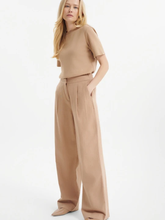 Zdjęcie produktu Eleganckie spodnie wide leg z lnem Greenpoint beżowy