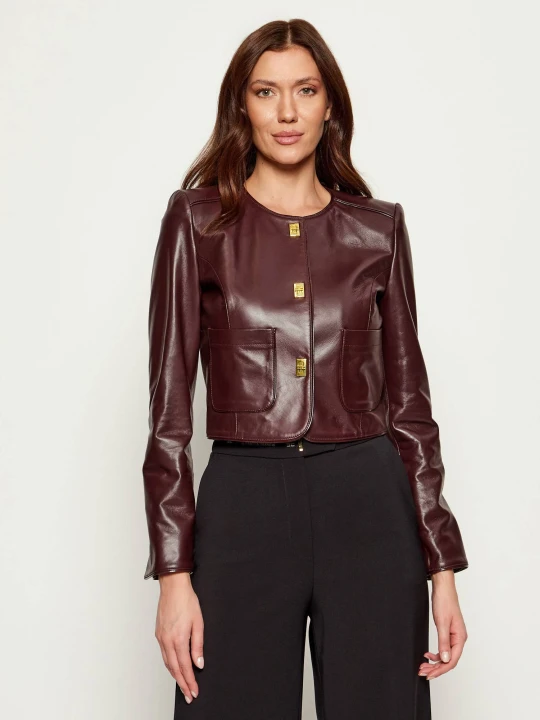 Zdjęcie produktu Elisabetta Franchi Skórzana kurtka | Cropped Fit bordowy