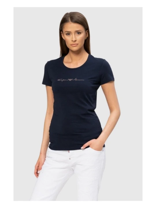 Zdjęcie produktu EMPORIO ARMANI Granatowy t-shirt damski z kryształkami, Rozmiar XS Niebieski