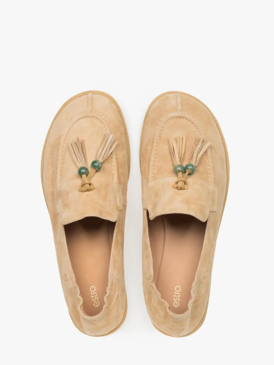 Zdjęcie produktu Estro: Beżowe loafersy damskie z ozdobnym chwostem typu barefoot z weluru naturalnego