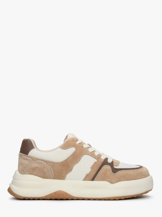 Zdjęcie produktu Estro: Beżowo-białe sneakersy damskie ze skóry i weluru brązowy