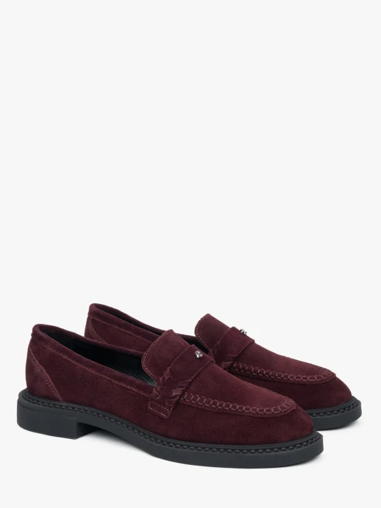 Zdjęcie produktu Estro: Burgundowe loafersy damskie typu Penny z włoskiego weluru naturalnego Premium czerwony