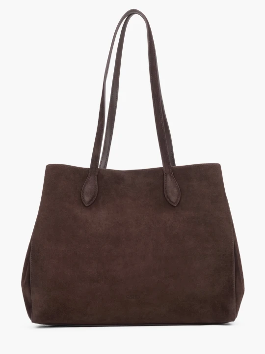 Zdjęcie produktu Estro: Ciemnobrązowa shopperka damska na ramię typu tote z weluru naturalnego brązowy