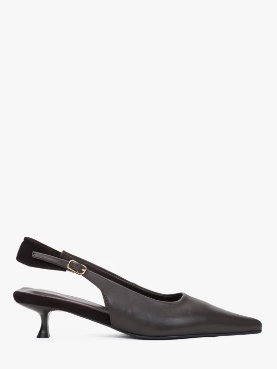 Zdjęcie produktu Estro: Ciemnobrązowe czółenka damskie typu slingback na obcasie kitten heel brązowy