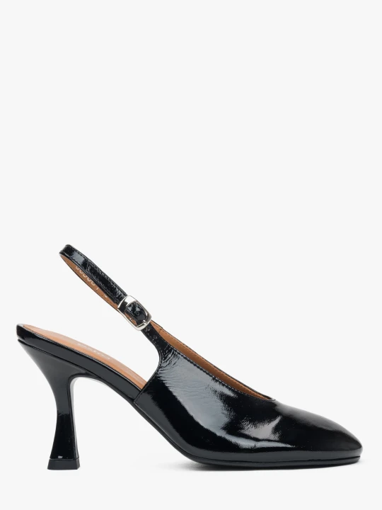 Zdjęcie produktu Estro: Czarne buty na obcasie typu slingback z włoskiej skóry lakierowanej Premium