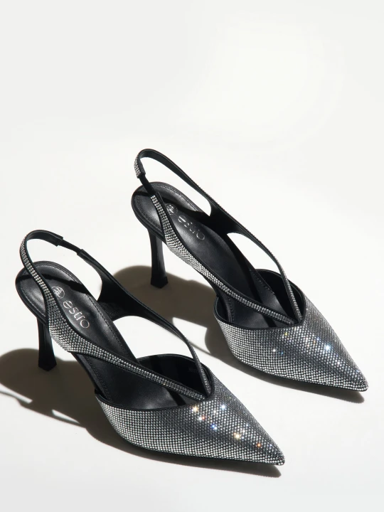 Zdjęcie produktu Estro: Czarne czółenka damskie typu slingback z kryształkami