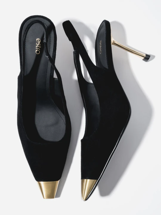 Zdjęcie produktu Estro: Czarne welurowe czółenka damskie typu slingback na szpilce ze złotymi detalami