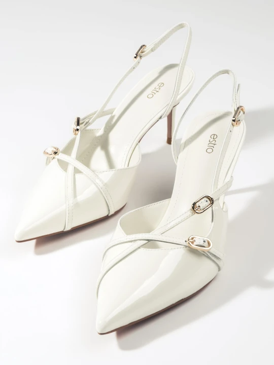 Zdjęcie produktu Estro: Jasnobeżowe czółenka damskie typu slingback z lakierowanej skóry naturalnej beżowy
