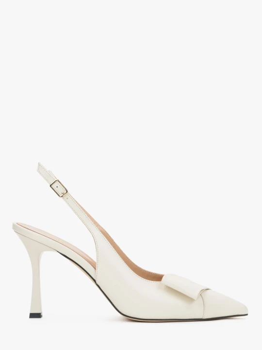 Zdjęcie produktu Estro: Jasnobeżowe skórzane czółenka damskie typu slingback na szpilce z czubkiem w szpic jasnobeżowy
