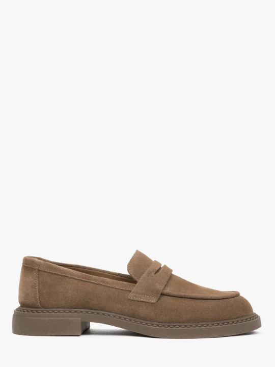 Zdjęcie produktu Estro: Klasyczne jasnobrązowe loafersy damskie typu Penny z włoskiego weluru naturalnego brązowy