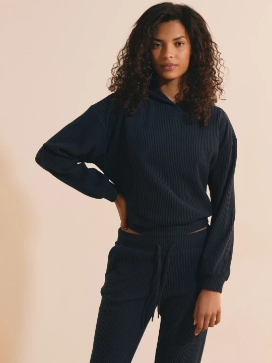 Zdjęcie produktu Welurowa prążkowana bluza z kapturem Etam marine