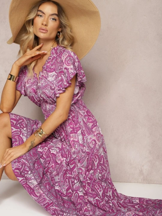 Zdjęcie produktu Fioletowa Bawełniana Sukienka Paisley z Kopertowym Dekoltem z Falbaną i Gumką w Talii Brionea Defox