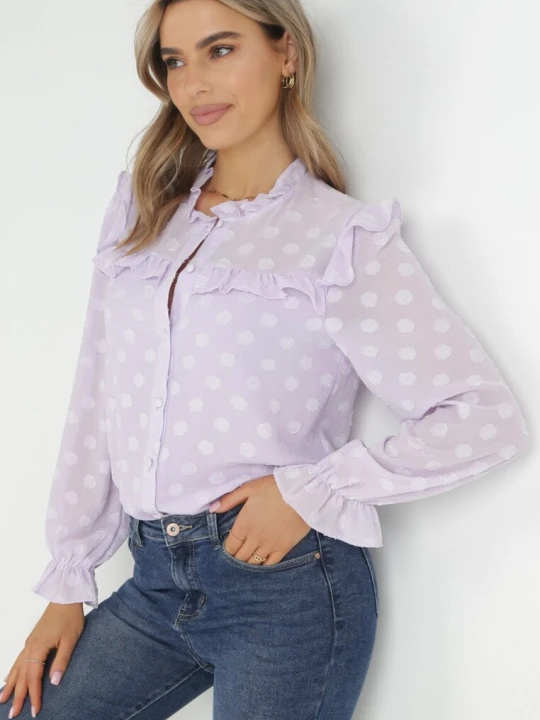 Zdjęcie produktu Fioletowa Koszula z Falbankami i Powlekanymi Guzikami Jaydalynn Retro & Icone