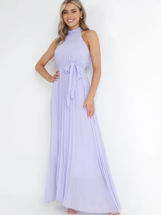 Zdjęcie produktu Fioletowa Plisowana Sukienka Maxi z Gumką w Pasie i Rozkloszowanym Dołem Tehe Lily Rose