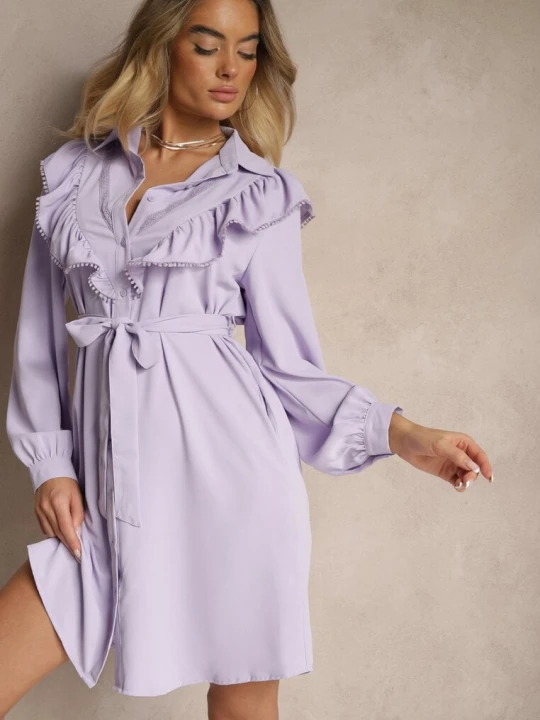 Zdjęcie produktu Fioletowa Rozkloszowana Sukienka Koszulowa z Falbankami i Koronką Naik Unigirl
