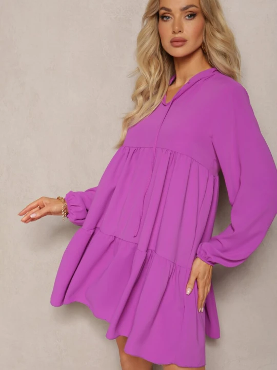 Zdjęcie produktu Fioletowa Sukienka o Rozkloszowanym Fasonie z Falbanką i Okrągłym Dekoltem Vasaia Lily Rose