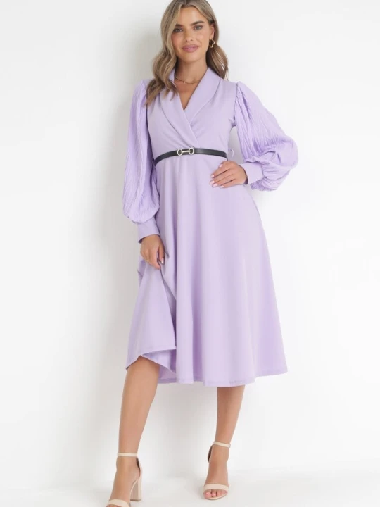 Zdjęcie produktu Fioletowa Sukienka Rozkloszowana z Paskiem Aidyn New Collection