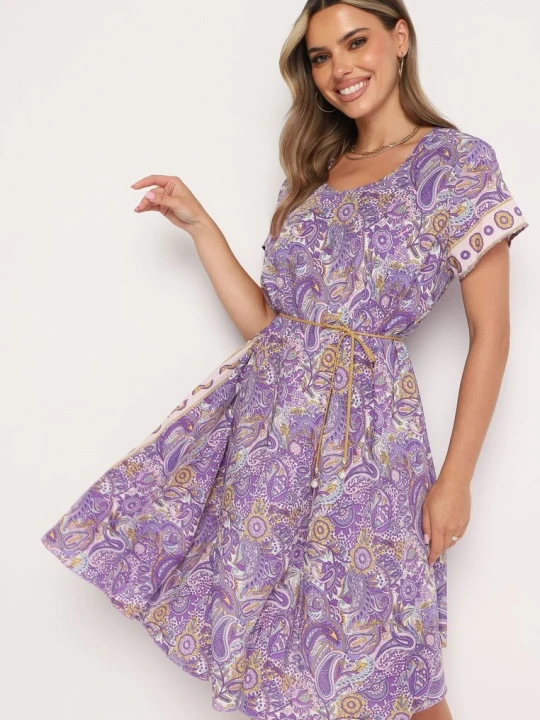 Zdjęcie produktu Fioletowa Wiskozowa Sukienka o Rozkloszowanym Kroju w Stylu Boho Melnea Cflo