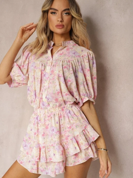 Zdjęcie produktu Fioletowe Spódnico-Szorty High Waist z Gumką w Pasie i Falbanką Gleiana Retro & Icone