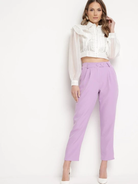 Zdjęcie produktu Fioletowe Spodnie Cygaretki z Wysokim Stanem i Gumką w Pasie Elexis New Collection