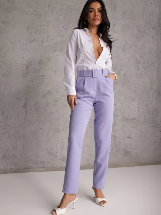 Zdjęcie produktu Fioletowe Spodnie Garniturowe High Waist z Paskiem Wenus Lily Rose
